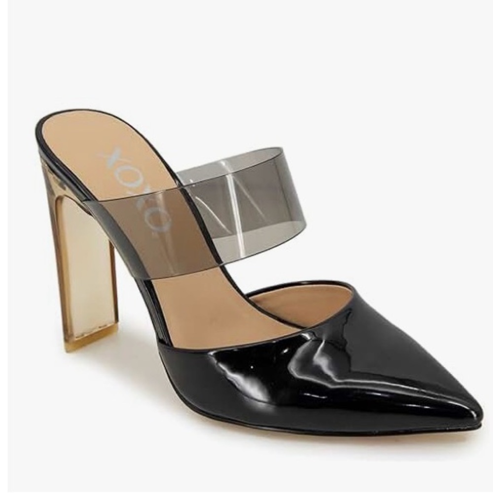 XOXO Black patent and Clear Heeled Mules ADISON NYE party